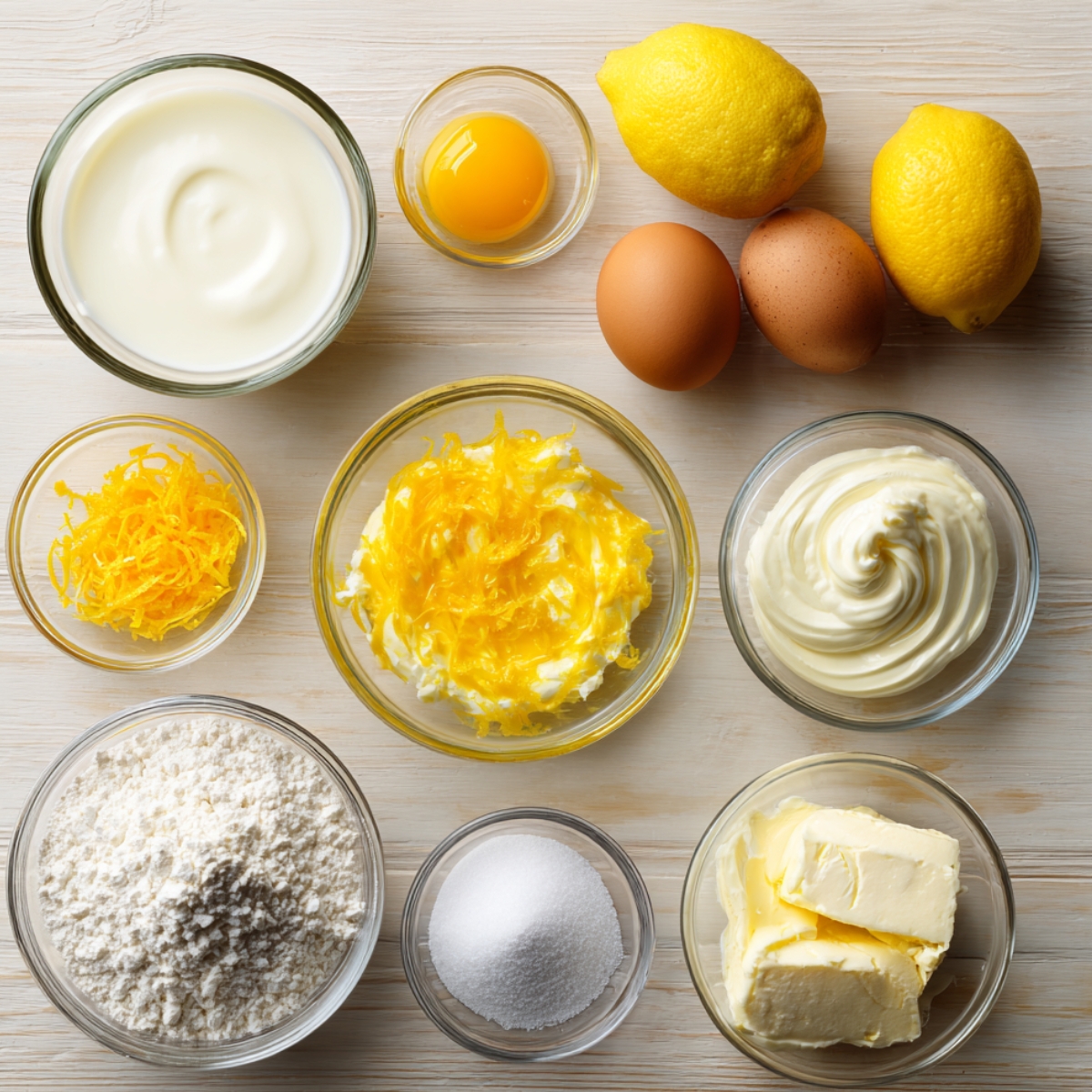 Homemade lemon cream puff ingredients neatly arranged on a light wooden surface in clear glass bowls—flour, sugar, butter, cream, eggs, lemons, lemon zest, and yogurt.