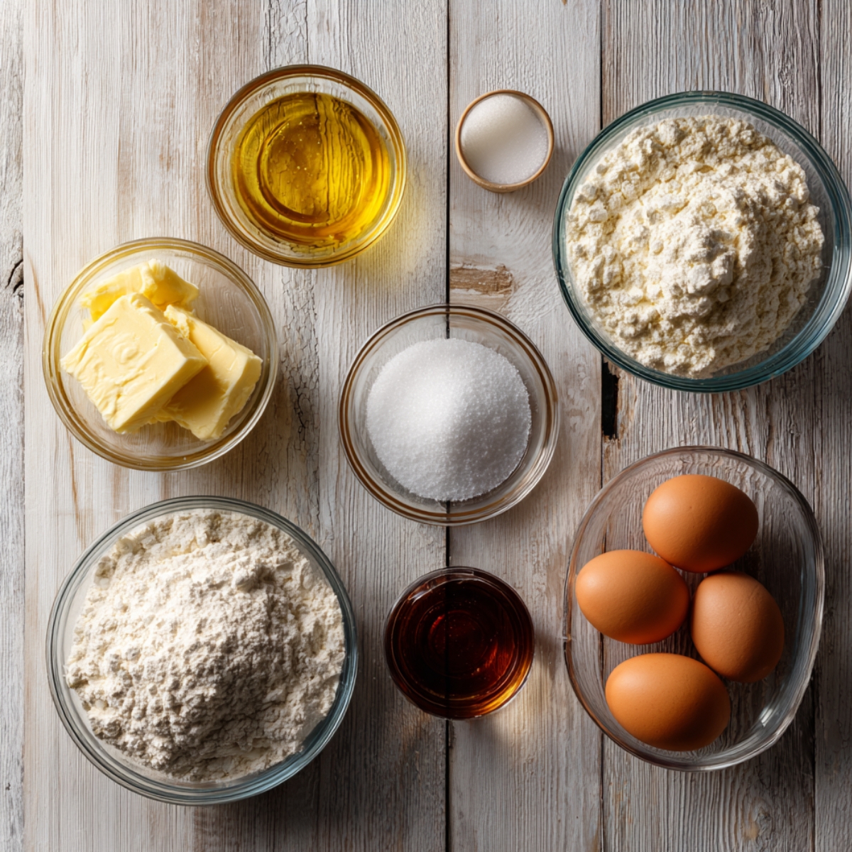 Rustic flat lay of lemon cream puff ingredients: flour, sugar, butter, eggs, vanilla, oil, and salt in glass bowls on a whitewashed wooden table.