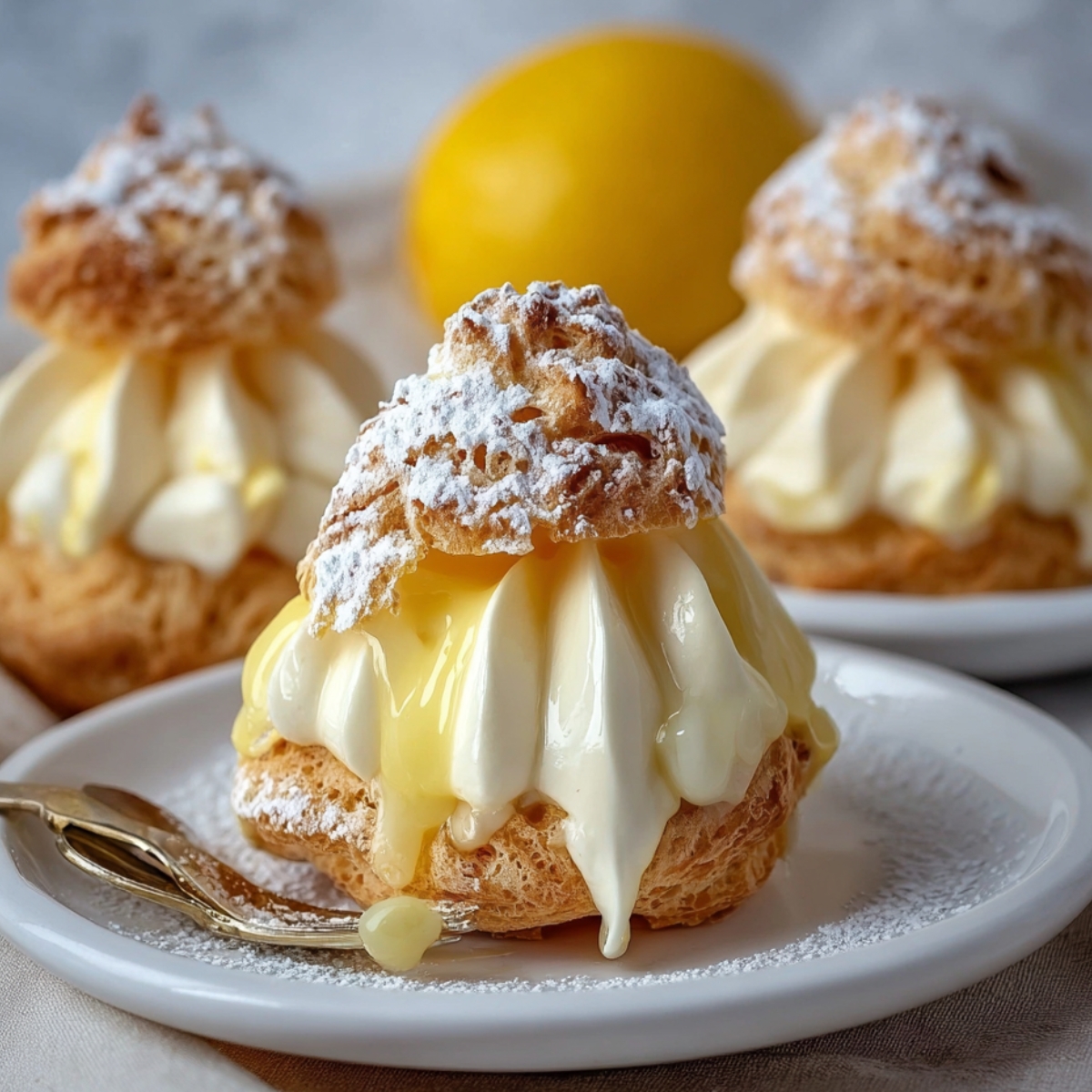 lemon cream puffs filled with whipped cream and lemon curd, dusted with powdered sugar, on a white plate with fresh lemons in the background.
