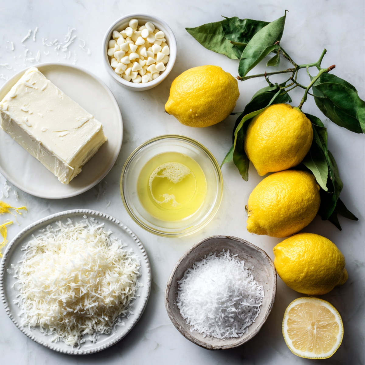 Ingredients for lemon truffles on a marble counter: cream cheese block, white chocolate chips, bowl of lemon juice, fresh lemons with leaves, half a lemon, shredded coconut, and lemon zest.