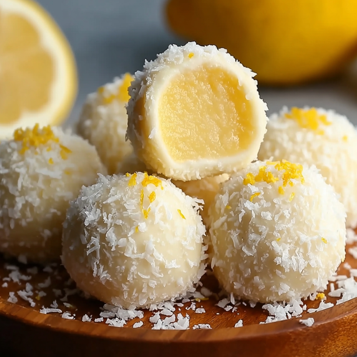 Homemade lemon truffles coated in coconut with creamy lemon filling.