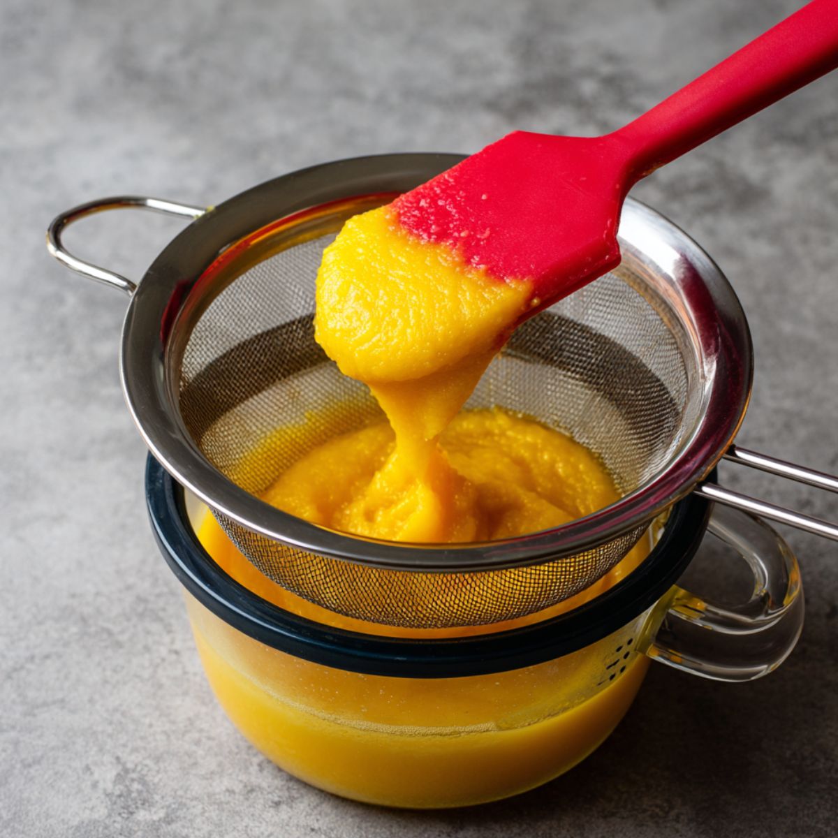 Close-up of vibrant mango puree being strained through a fine mesh sieve with a red spatula, into a glass bowl. The smooth, thick puree is rich in color, set against a neutral grey background.