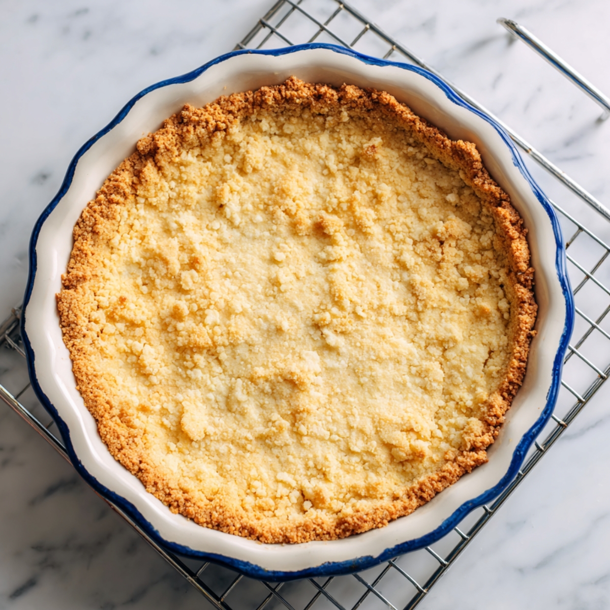 Homemade golden-brown saltine cracker pie crust in a white scalloped pie dish with a blue rim, cooling on a metal rack over marble.