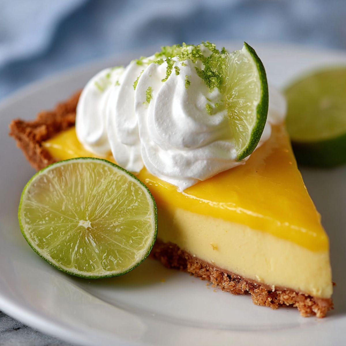 A slice of homemade Mango Key Lime Pie with a graham cracker crust, creamy yellow filling, mango glaze, whipped cream, lime slice, and mint on a white plate.