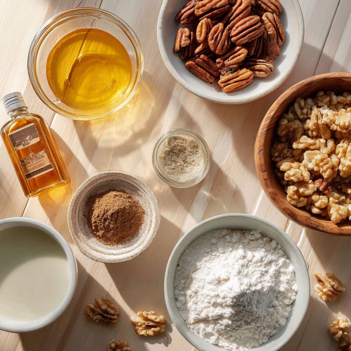 Ingredients for homemade maple cookies arranged on a light wooden table: bowls of pecans, walnuts, flour, sugar, spices, a glass jar of maple syrup, a bottle of maple extract, and a small cup of milk.
