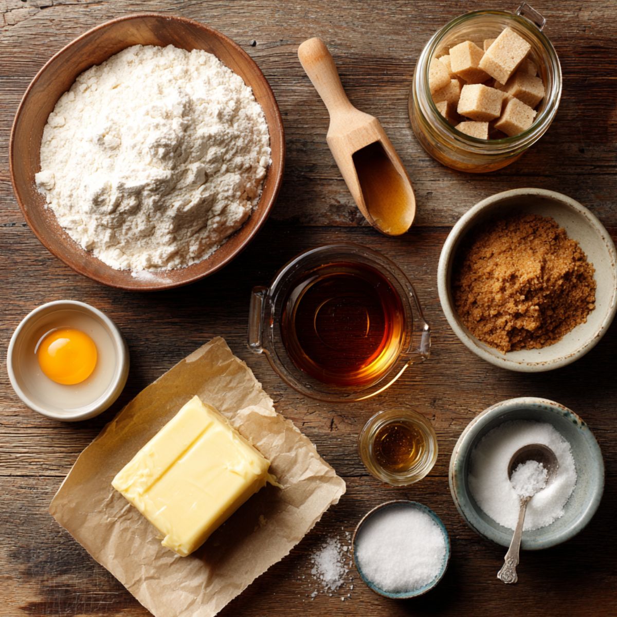 Maple cookie ingredients on a rustic wooden table: flour in a wooden bowl, a jar of brown sugar cubes, dark brown sugar, pure maple syrup, a stick of butter on parchment, an egg in a small dish, vanilla extract, and bowls of salt.