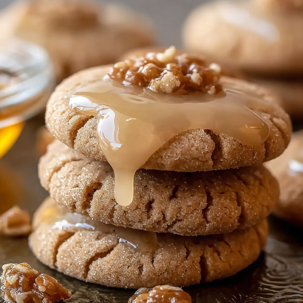 Stack of three homemade maple cookies with a shiny maple glaze dripping down the sides, topped with a walnut piece, on a rustic tray with a small bowl of syrup in the background.