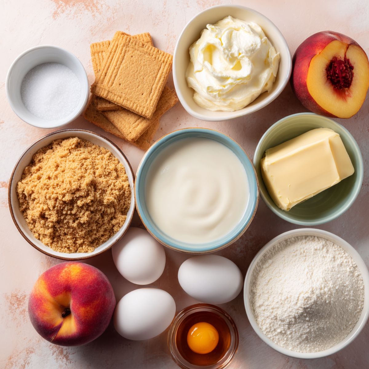 A top-down view of ingredients for homemade peach crumble cheesecake, including ripe peaches, cream cheese, yogurt, butter, eggs, sugar, graham crackers, flour, and vanilla extract. Everything looks fresh and natural, arranged on a soft, peach-toned countertop.