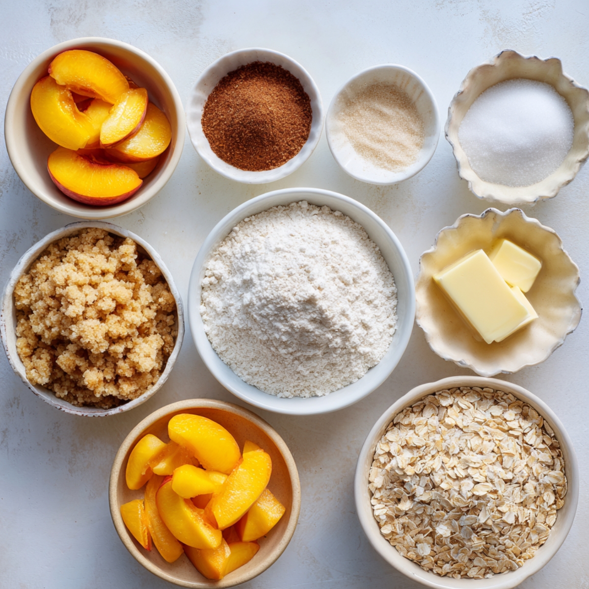 A top-down view of ingredients for homemade peach crumble cheesecake: sliced peaches, brown sugar, granulated sugar, flour, butter cubes, and rolled oats, all arranged on a neutral countertop, giving a fresh, homemade vibe.