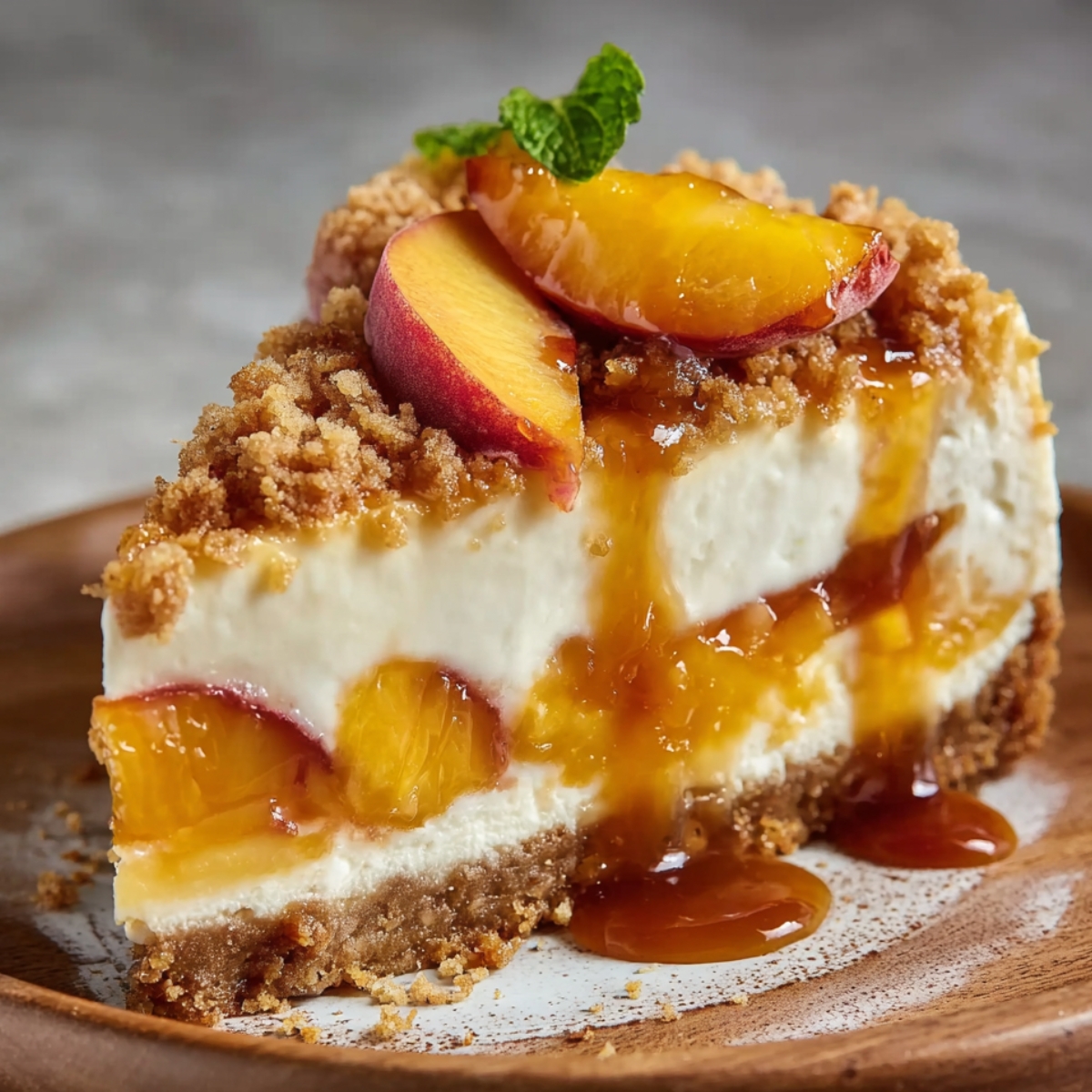 A close-up of a slice of homemade peach crumble cheesecake on a wooden plate, with creamy layers, caramelized peach slices, a crumbled topping, and golden caramel sauce dripping down. Fresh mint garnishes the top.