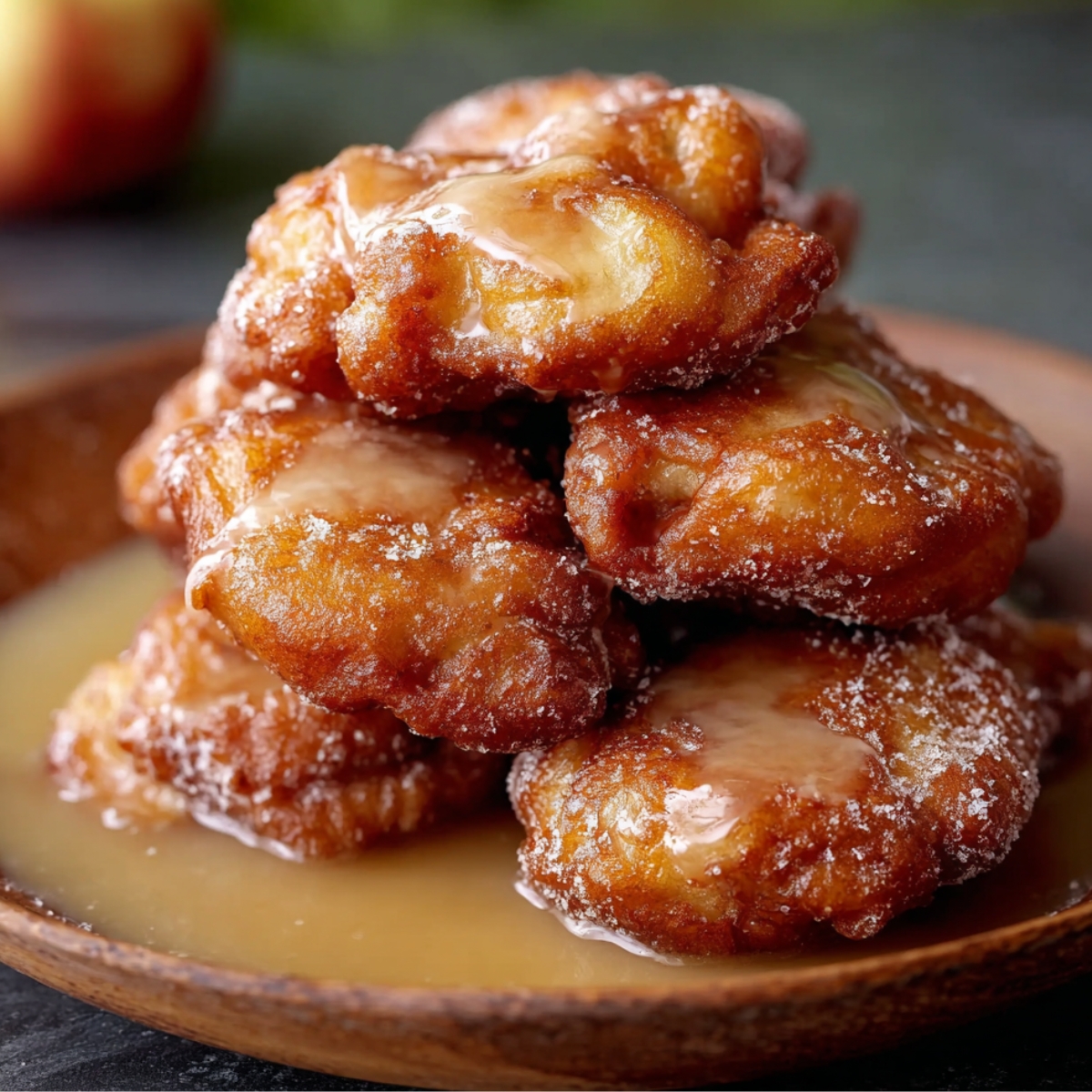 apple fritters stacked on a wooden plate, golden brown with a craggy texture, shiny glaze dripping down and pooling on the plate.