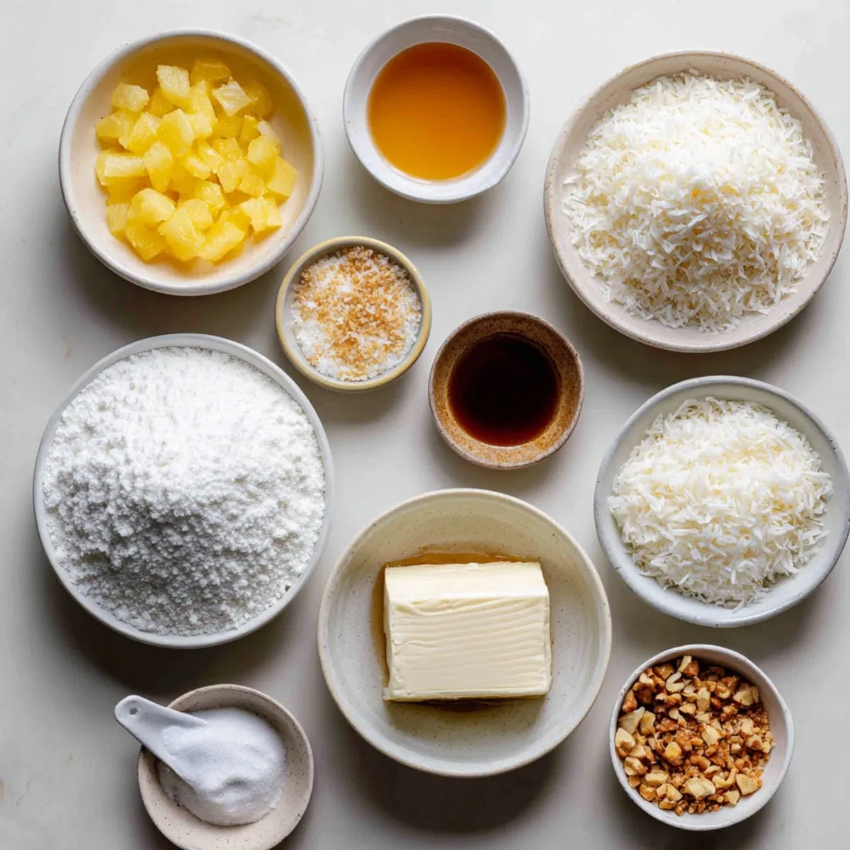Flat lay of ingredients for homemade Pineapple Coconut Balls: pineapple chunks, cream cheese, powdered sugar, shredded coconut, vanilla extract, salt, chopped nuts, and graham cracker crumbs on a light kitchen counter.