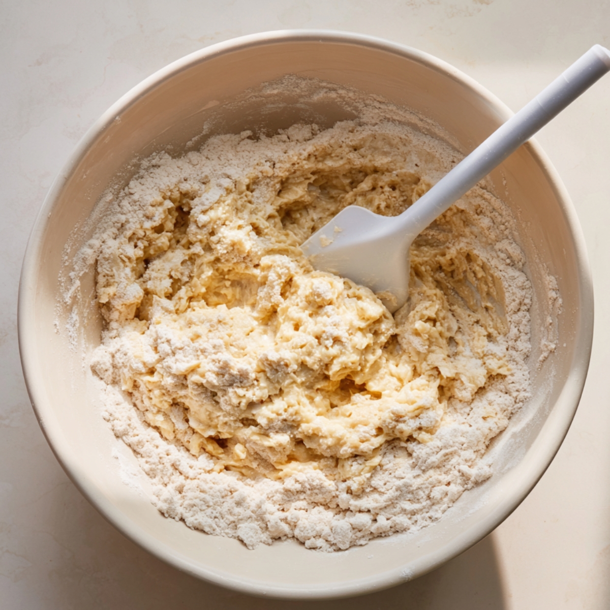 Apple fritter batter being mixed in a cream-colored bowl. The thick mixture of flour and wet ingredients is partially combined, with a white spatula resting inside, showing the rustic homemade process on a light kitchen surface.