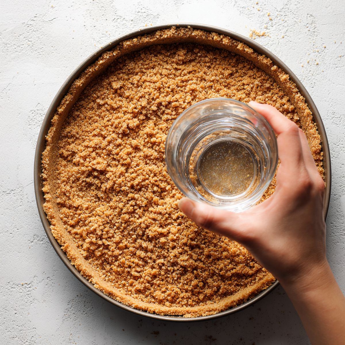 Close-up of a hand holding a glass over a pie dish filled with crumbly, golden graham cracker crust. The crust is loose and rustic, ready to be pressed for a homemade Mango Key Lime Pie.