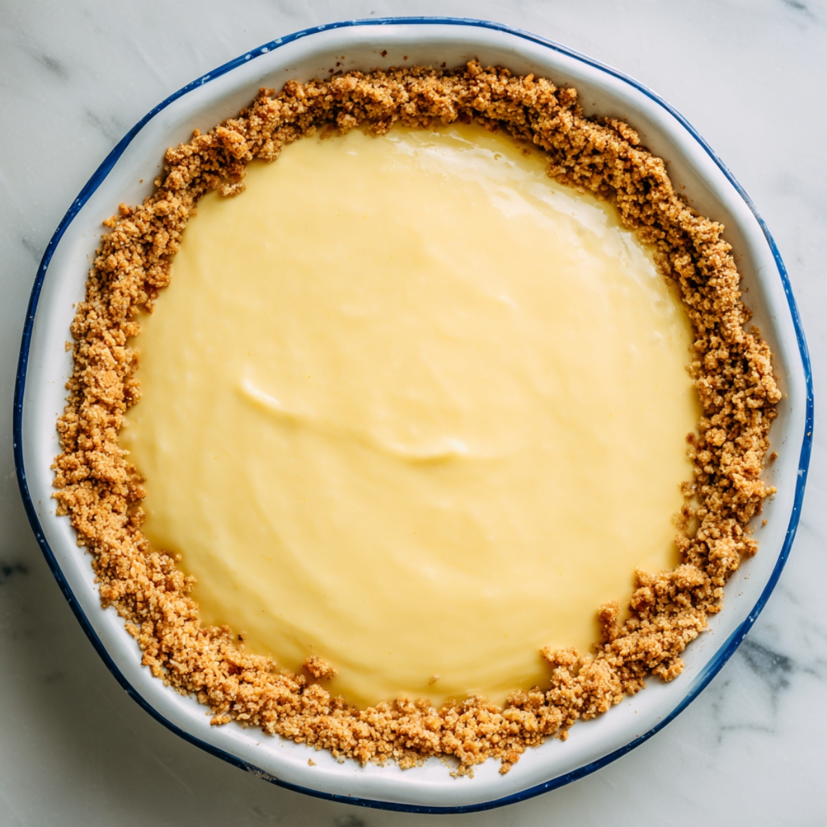 Atlantic Beach Pie in a white pie dish with a blue rim, showing a smooth pale yellow citrus filling and a crumbly golden-brown saltine crust on a marble surface.