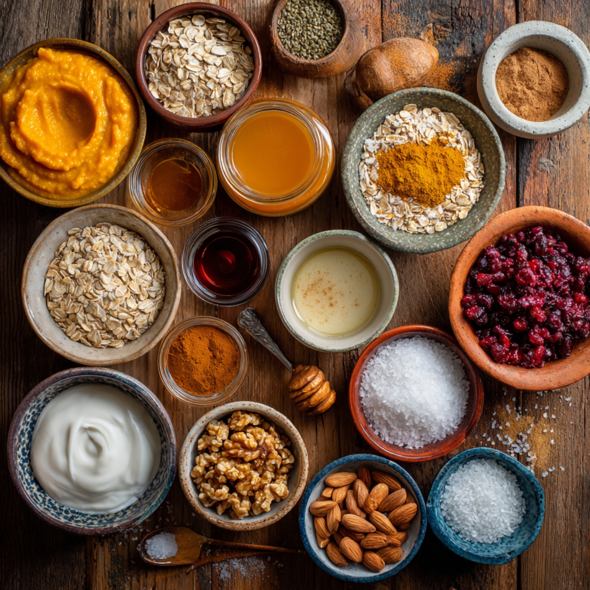 Rustic table with bowls of pumpkin purée, oats, cranberries, yogurt, nuts, spices, and sweeteners for overnight oats.