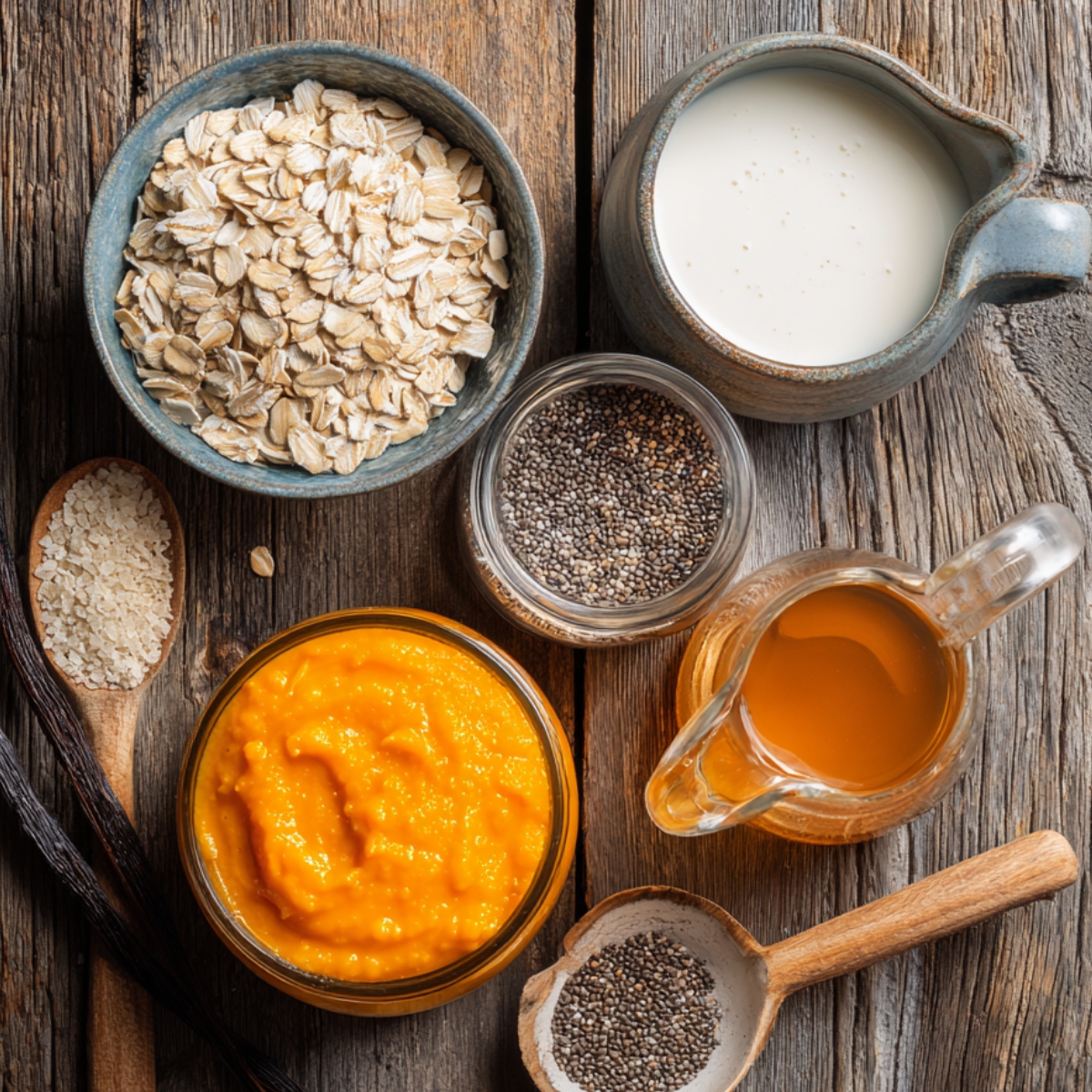 Rustic table with oats, pumpkin purée, chia seeds, almond milk, maple syrup, and vanilla.