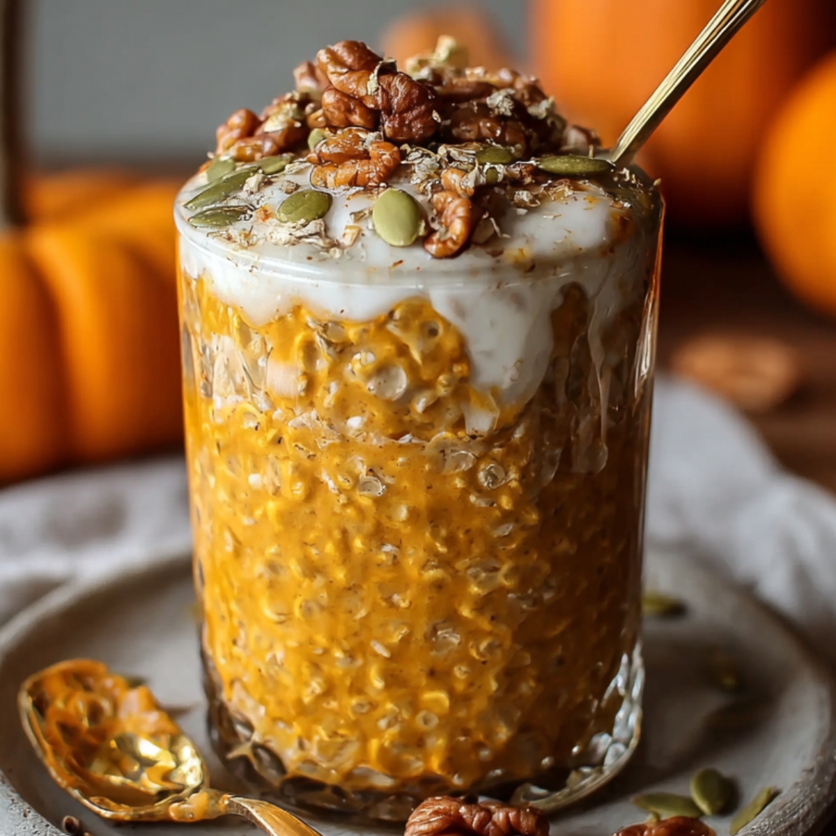 Glass of pumpkin overnight oats with yogurt, walnuts, and pumpkin seeds, served on a plate with a gold spoon.