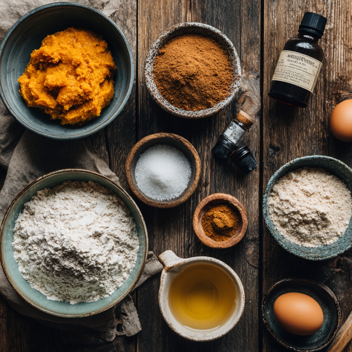 Rustic flat lay of pumpkin pie cookie ingredients on a wooden table, with bowls of pumpkin puree, flour, brown sugar, salt, cinnamon, a jug of oil, two eggs, and vanilla extract bottles."