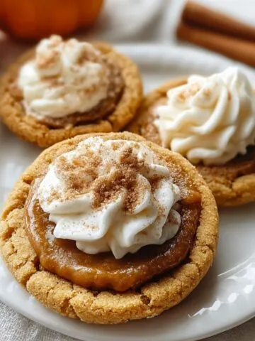 Pumpkin Pie Cookie Recipe on a white plate, topped with swirls of frosting and cinnamon, with pumpkins and cinnamon sticks in the background.