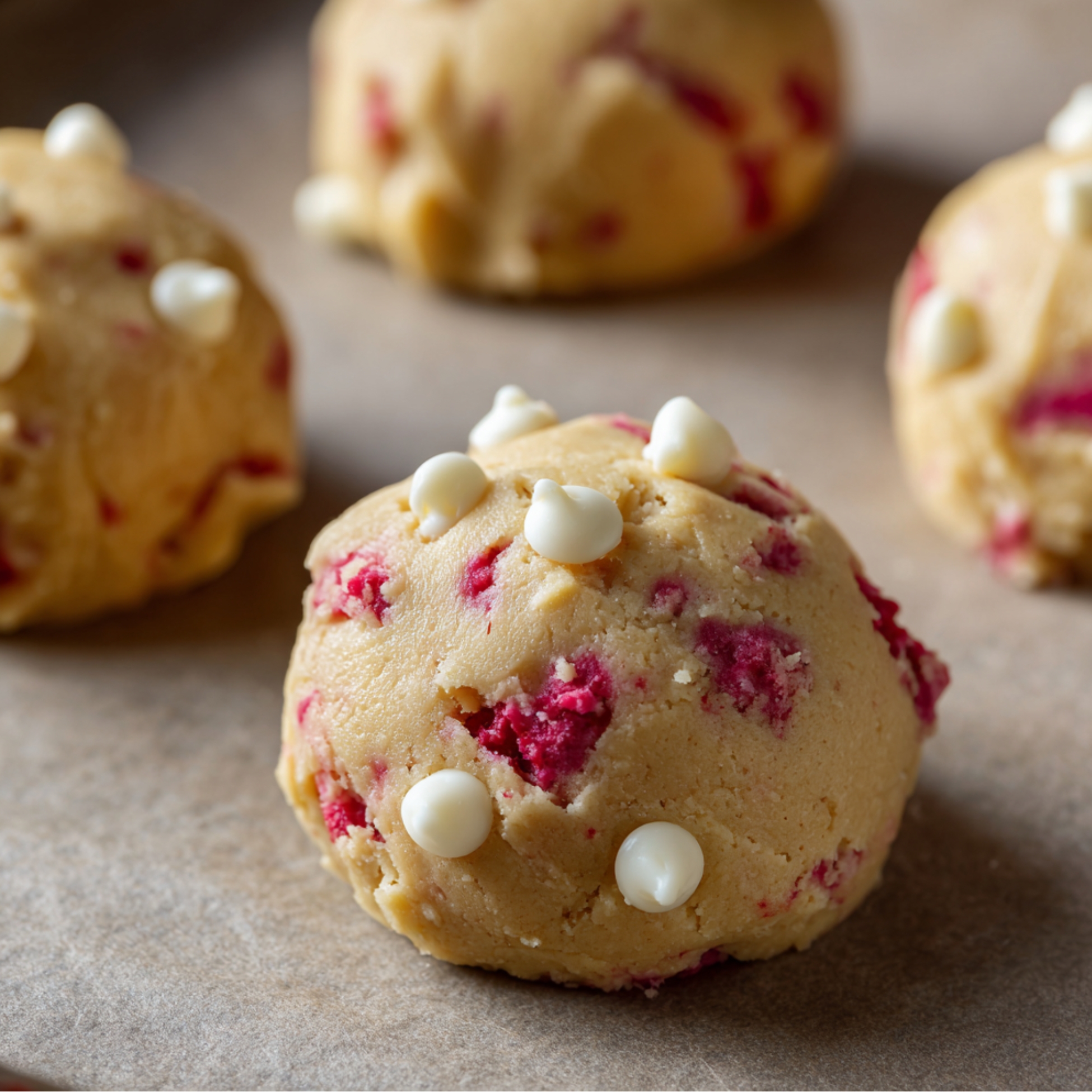 Unbaked raspberry cheesecake cookie dough balls with white chocolate chips.