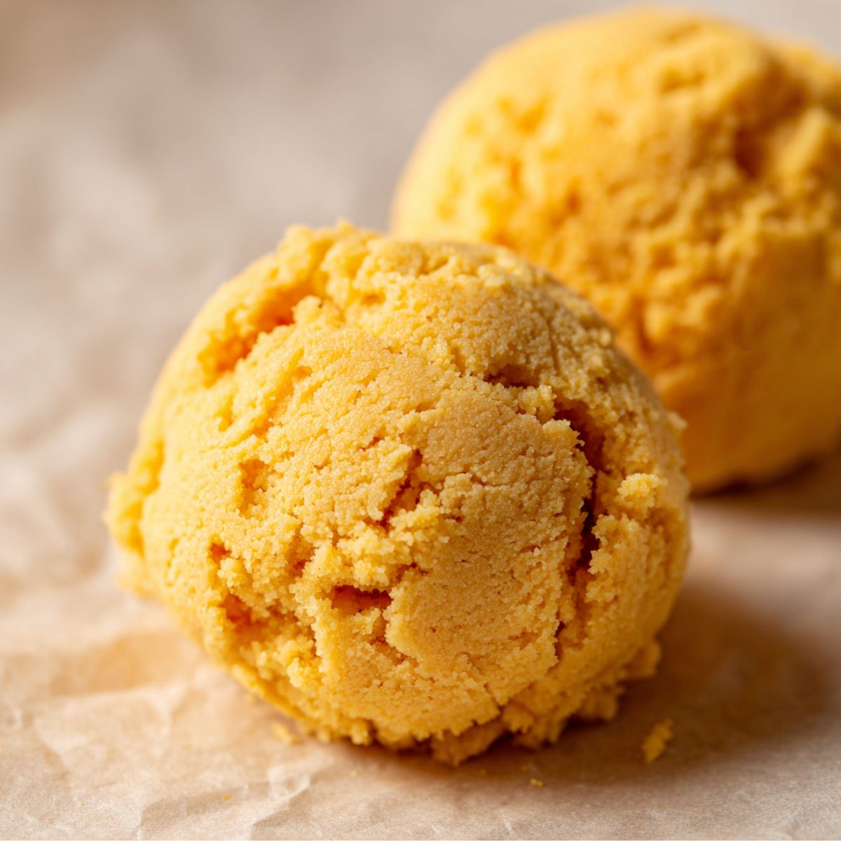 Two scoops of golden cornbread cookie dough on parchment paper, with a coarse, crumbly texture and a homemade, rustic look.