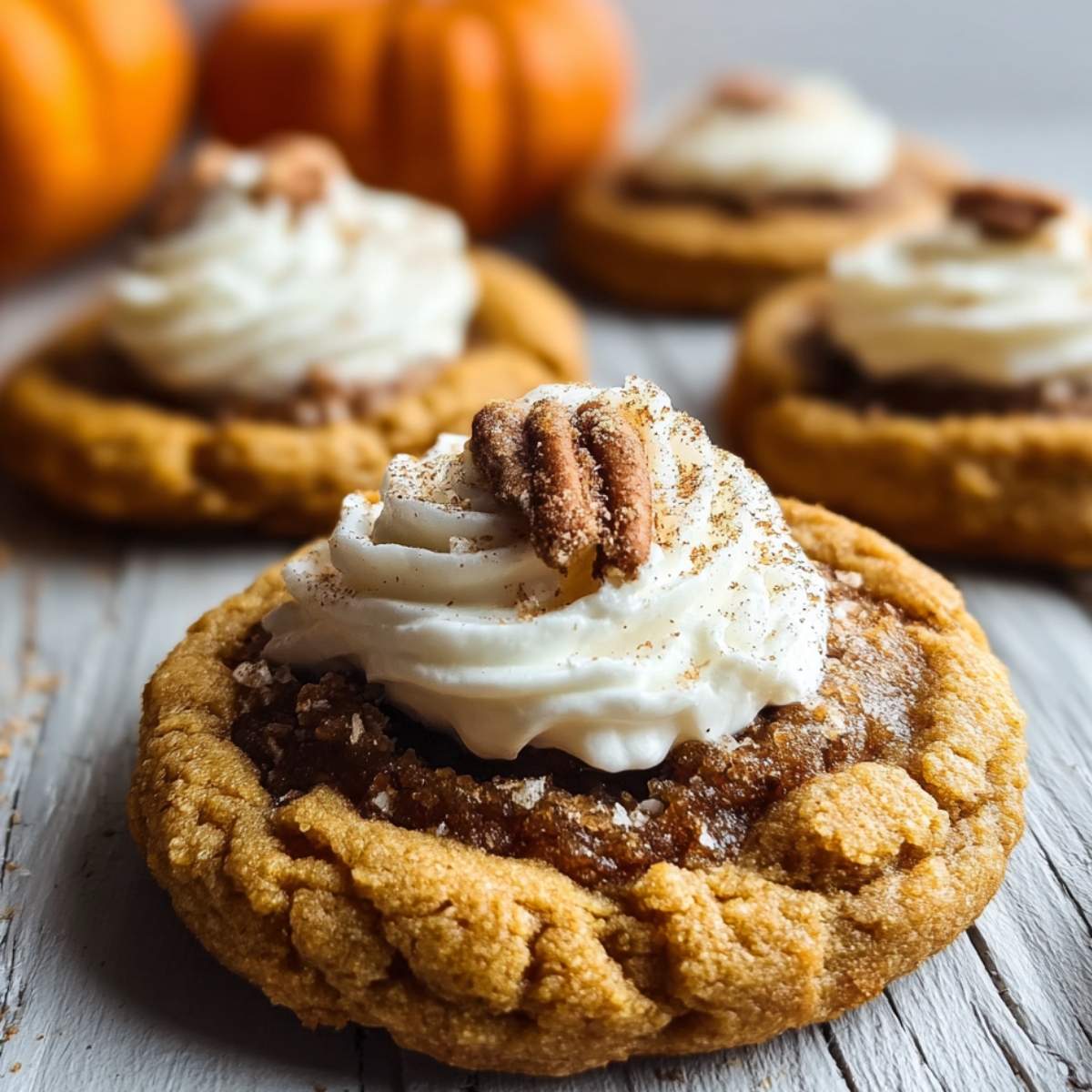 The Best Pumpkin Pie Cookie Recipe with golden edges, pumpkin filling, swirls of frosting, a sprinkle of cinnamon, and pecan halves on top, set on a rustic wooden surface with pumpkins in the background.