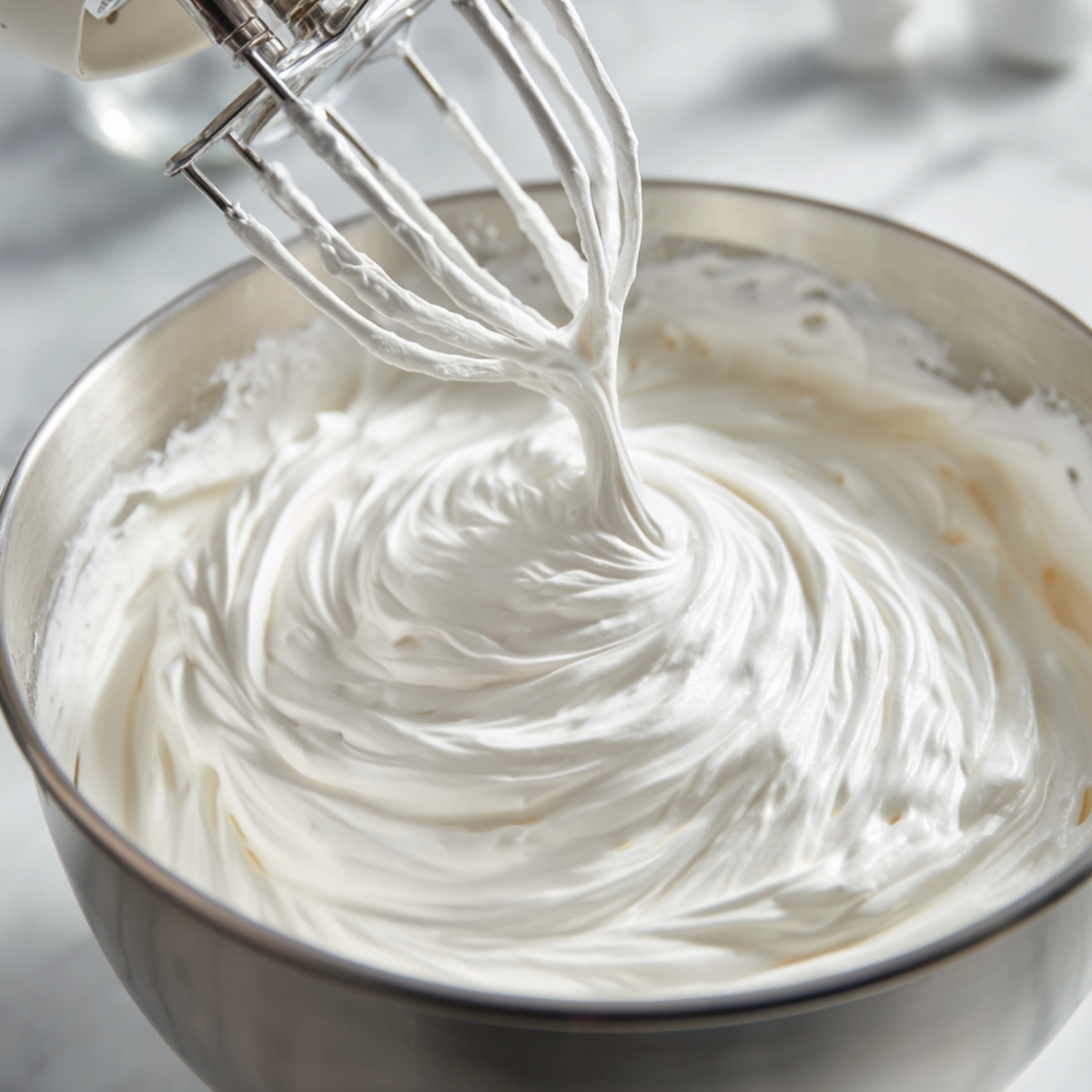 Whipped glossy meringue in a stainless steel bowl with mixer beaters lifted, showing stiff peaks and a homemade baking look.