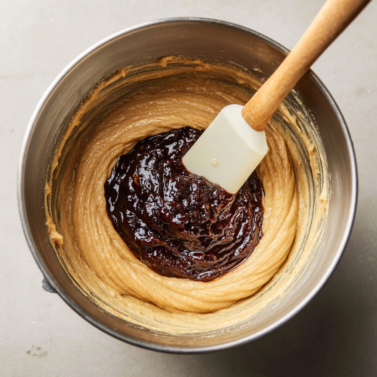 Dark date paste added to light brown pudding batter in a mixing bowl. A spatula rests in the bowl ready to fold the mixture together. Cozy, real-life baking moment with warm tones.