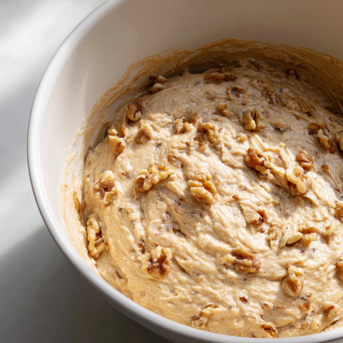 Close-up of thick banana walnut cake batter in a white bowl, light golden with chopped walnuts mixed in, under soft natural light.