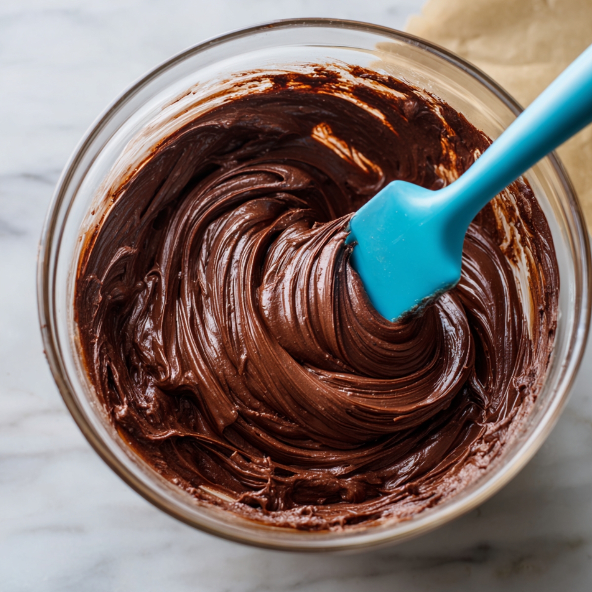 Close-up of thick, glossy chocolate brownie batter in a glass bowl, being mixed with a blue silicone spatula. The smooth, swirled texture highlights the rich, dark chocolate, giving a homemade, comforting feel.
