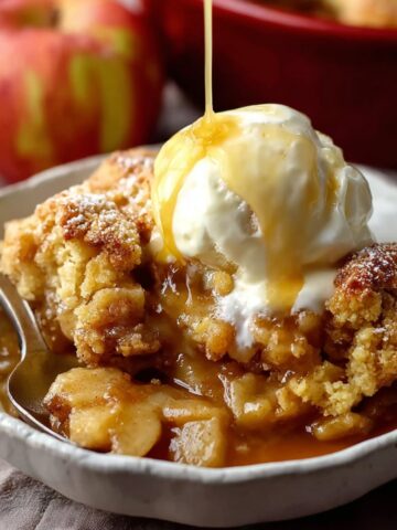 Homemade apple cobbler topped with vanilla ice cream and caramel sauce, served in a rustic bowl with a spoon, warm apples and golden crumb visible beneath.