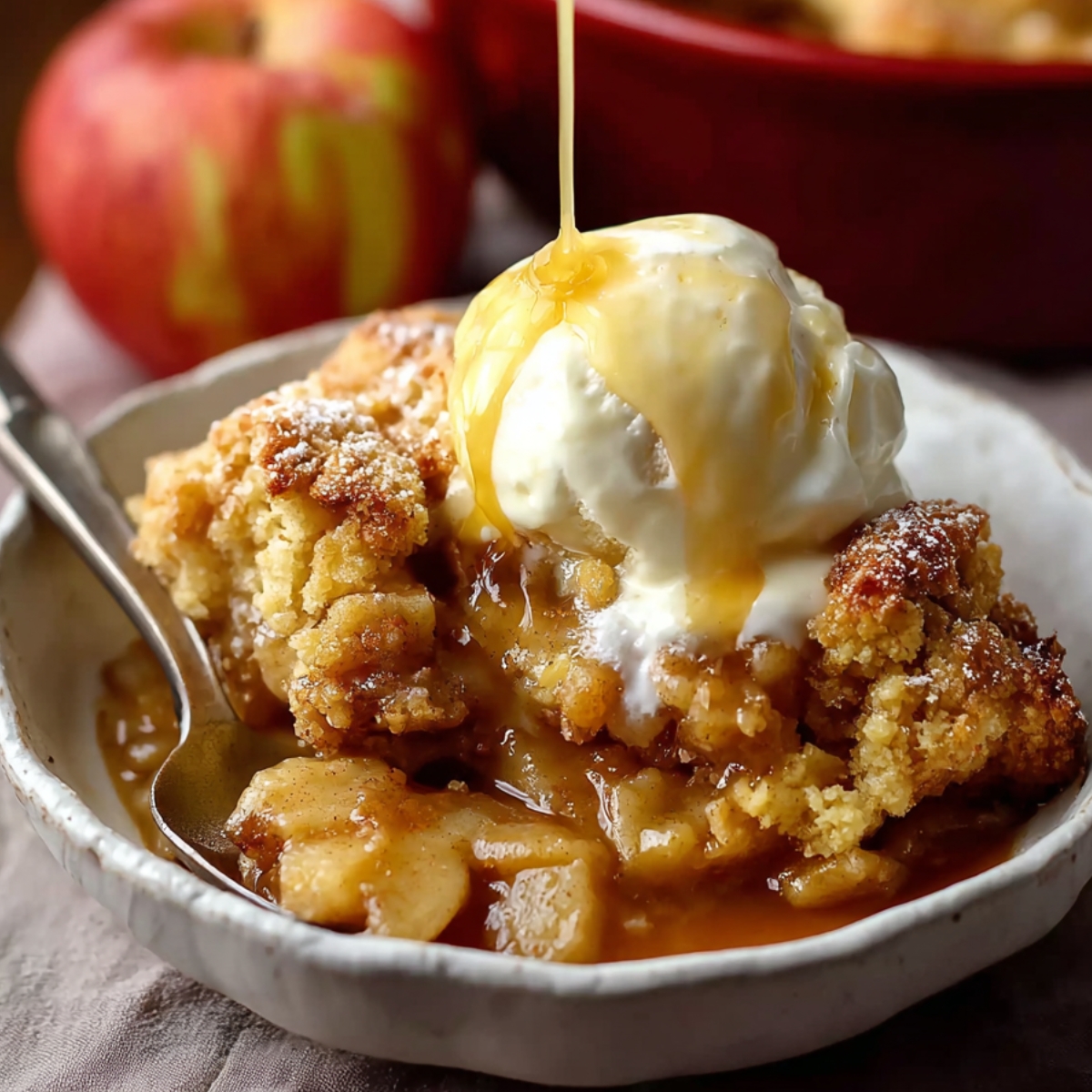Homemade apple cobbler topped with vanilla ice cream and caramel sauce, served in a rustic bowl with a spoon, warm apples and golden crumb visible beneath.