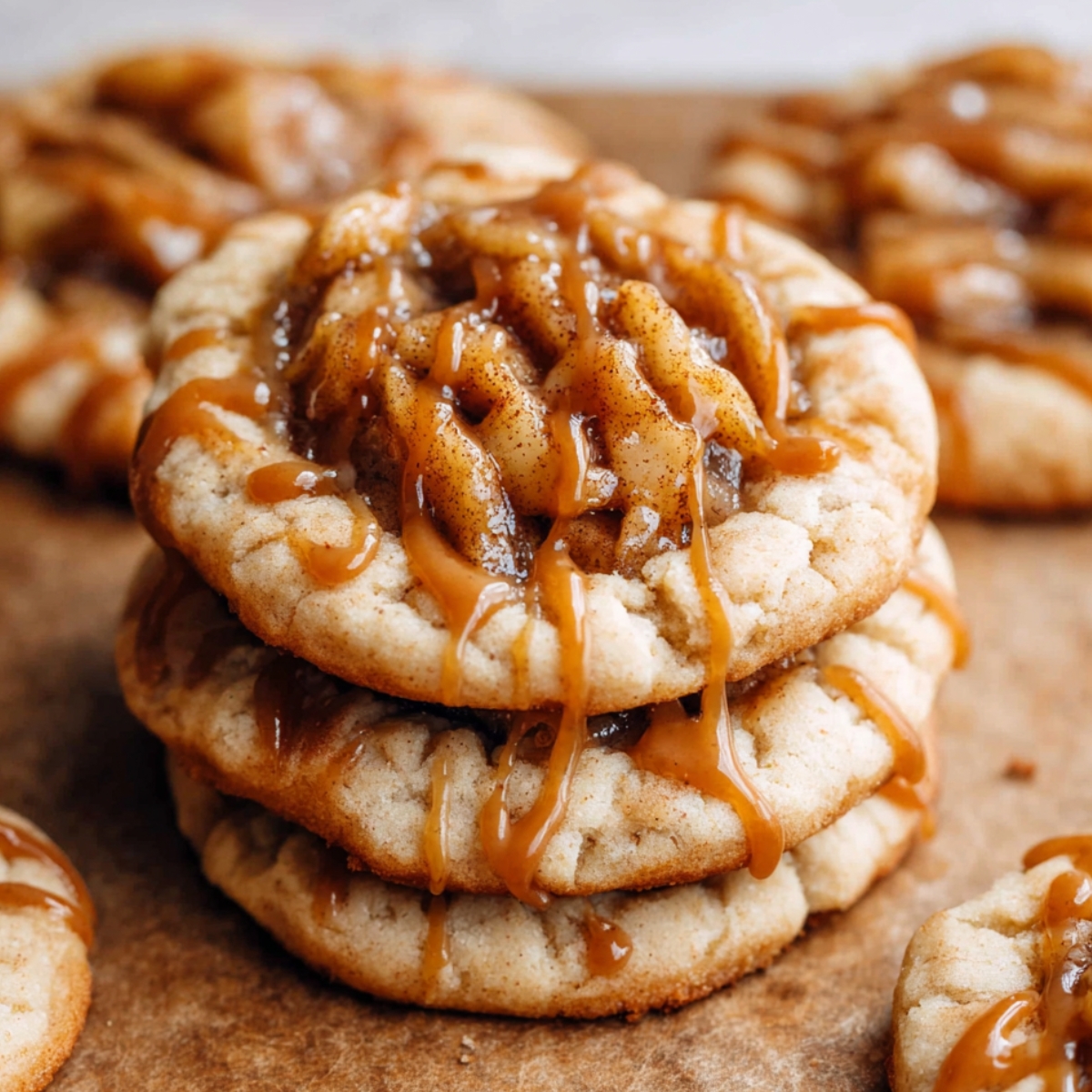 Apple Pie Cookies drizzled with golden caramel sauce, topped with warm cinnamon-spiced apple filling, sitting on a rustic wooden surface.