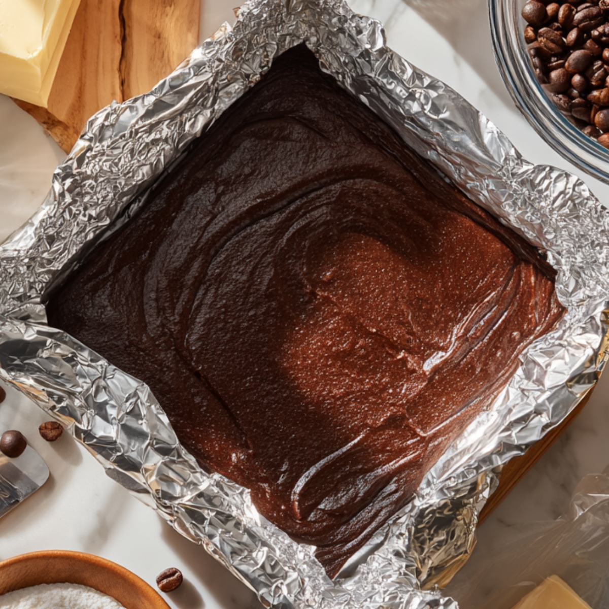 Foil-lined pan filled with glossy chocolate brownie batter on a marble counter with butter, flour, and coffee beans nearby.