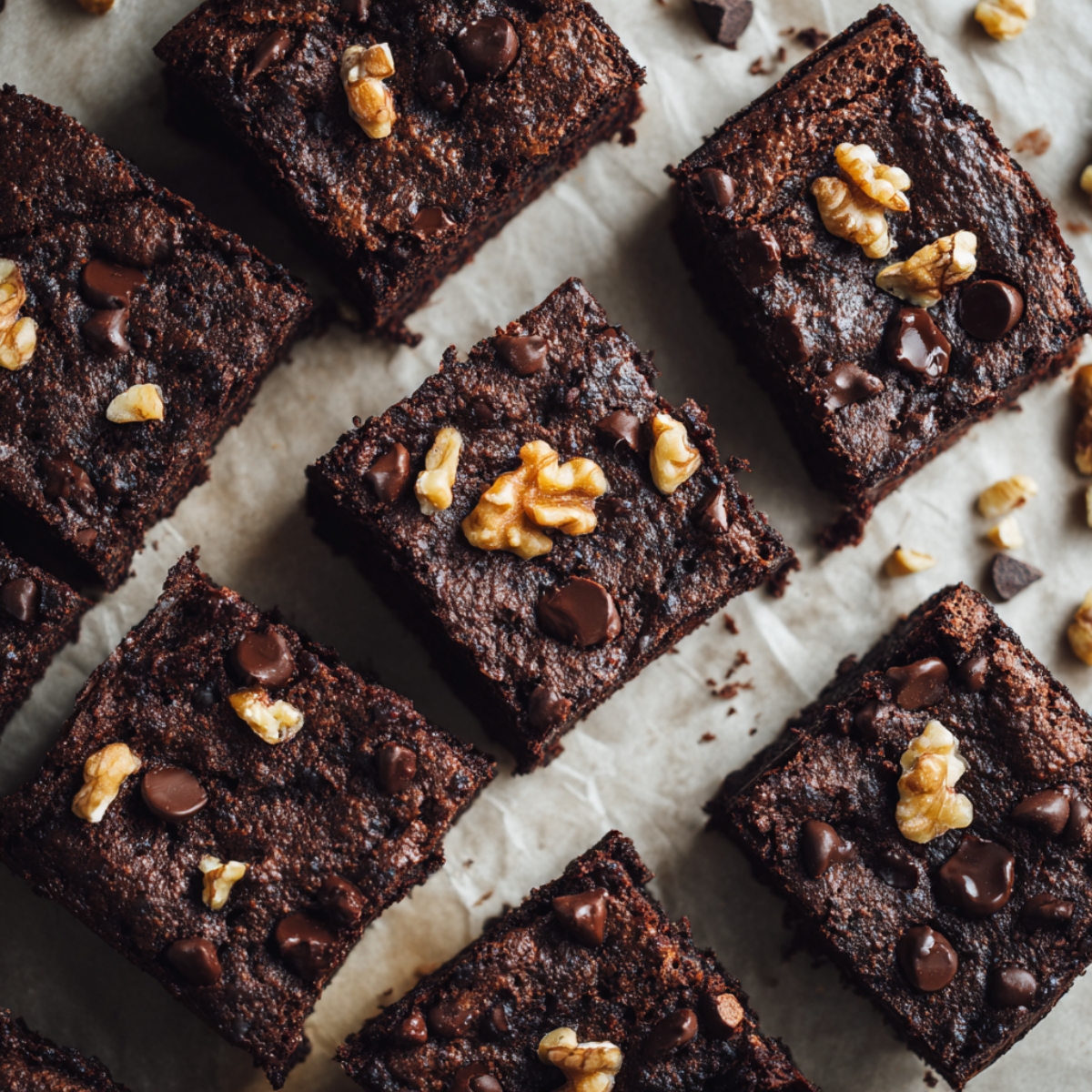 Close-up of fudgy chickpea brownies cut into squares with chocolate chips and walnuts on top.