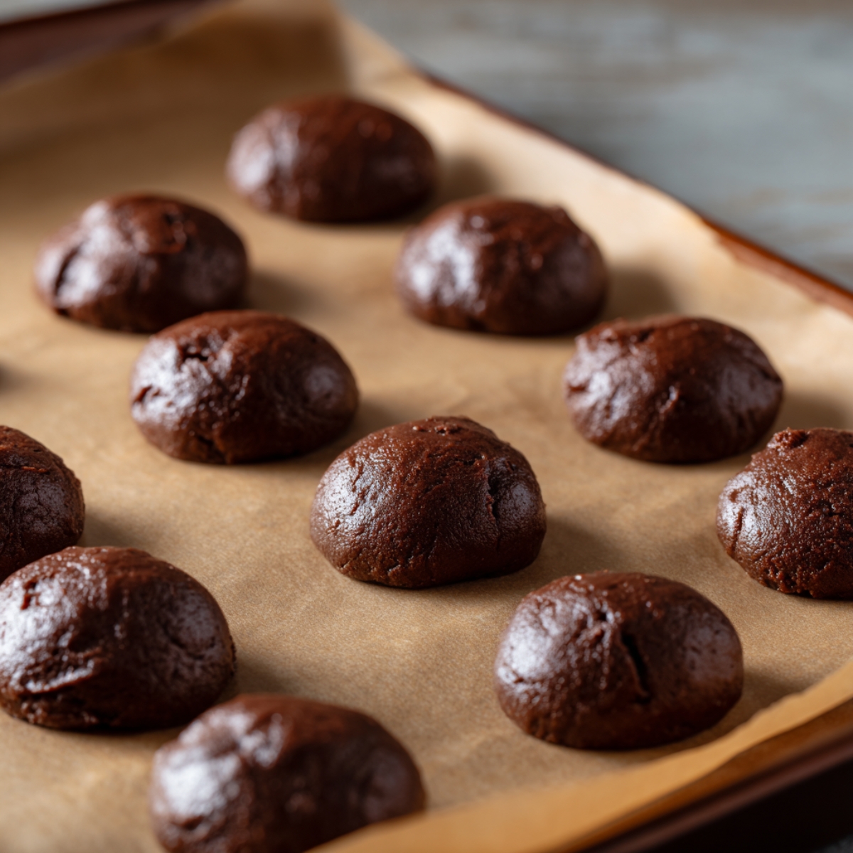 Close-up of glossy, domed chocolate brownie cookie dough balls on parchment-lined baking tray, showing slight cracks and rich chocolate texture, ready to bake.