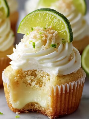 Best Key Lime Pie Cupcakes with creamy lime filling, fluffy white frosting, and a lime slice on top. Sprinkled with graham crumbs and zest, the cupcake has a bite showing its soft golden cake on a marble surface with limes blurred in the background.
