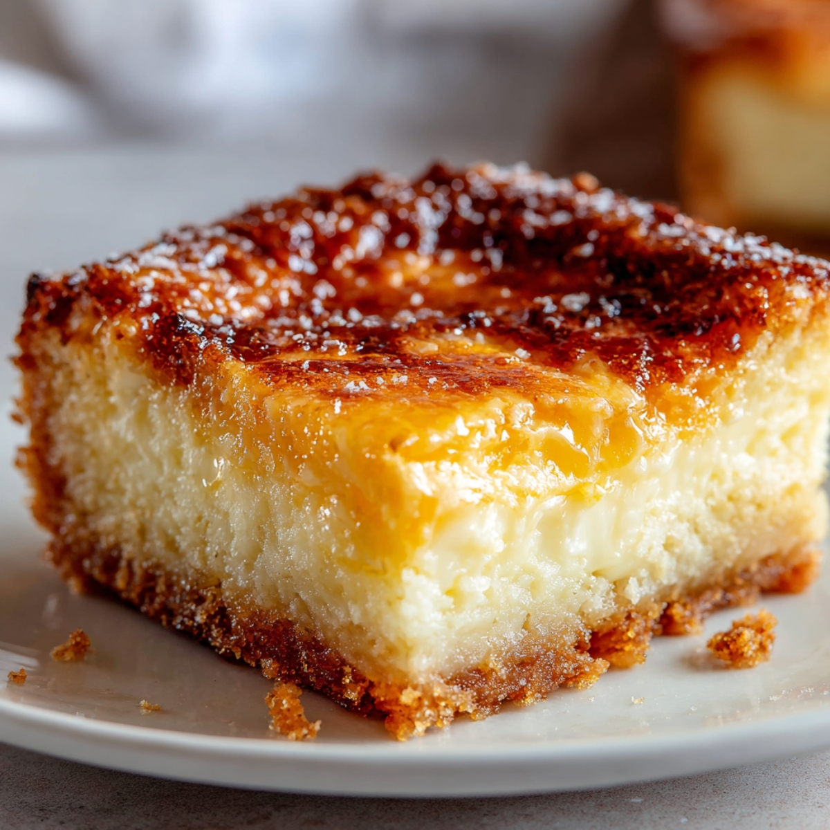 Best Neiman Marcus Cake Recipe slice on a white plate with a golden top, creamy center, and buttery crust, lit by warm natural light.
