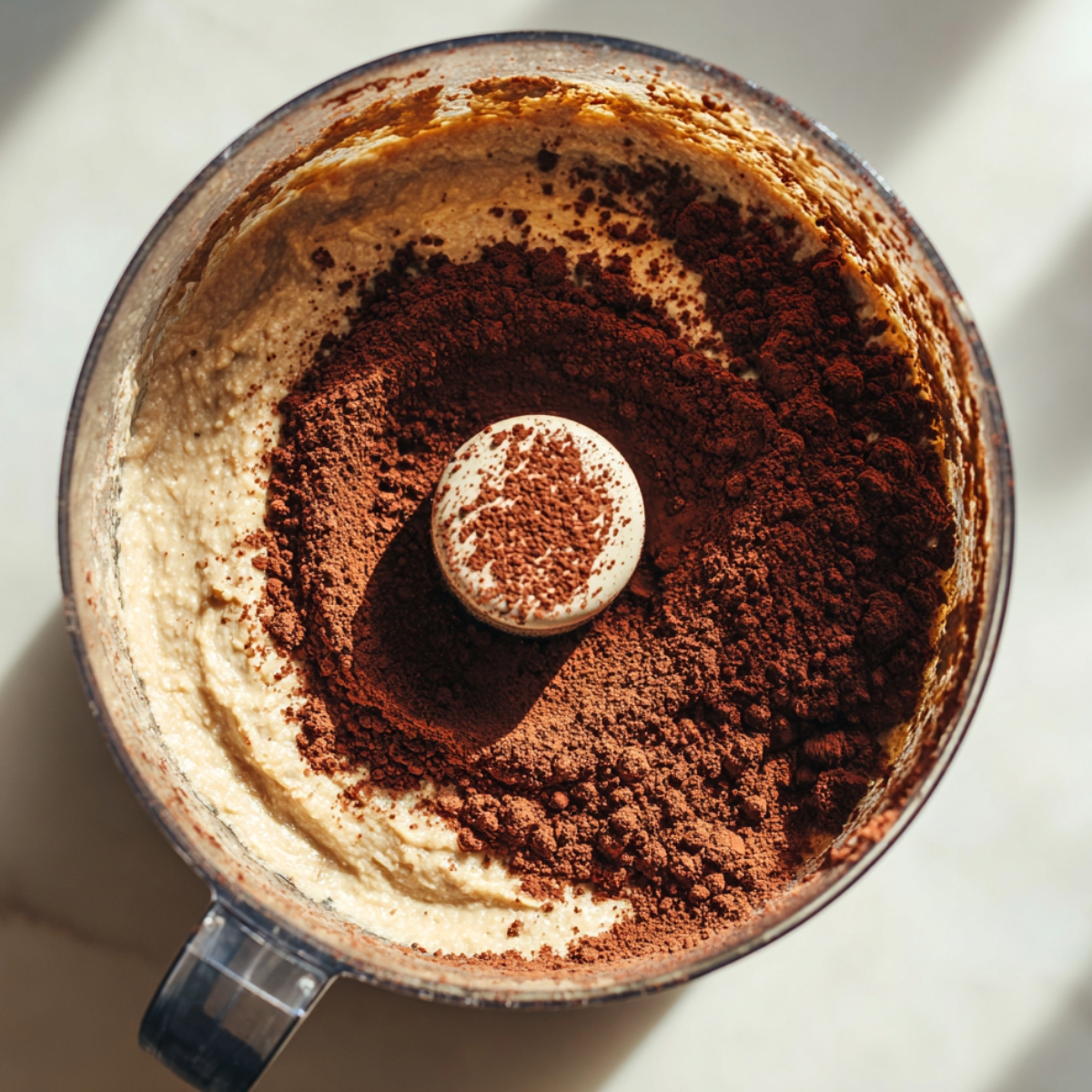 Overhead shot of chickpea brownie batter in a food processor with cocoa powder on top, lit by warm natural sunlight.