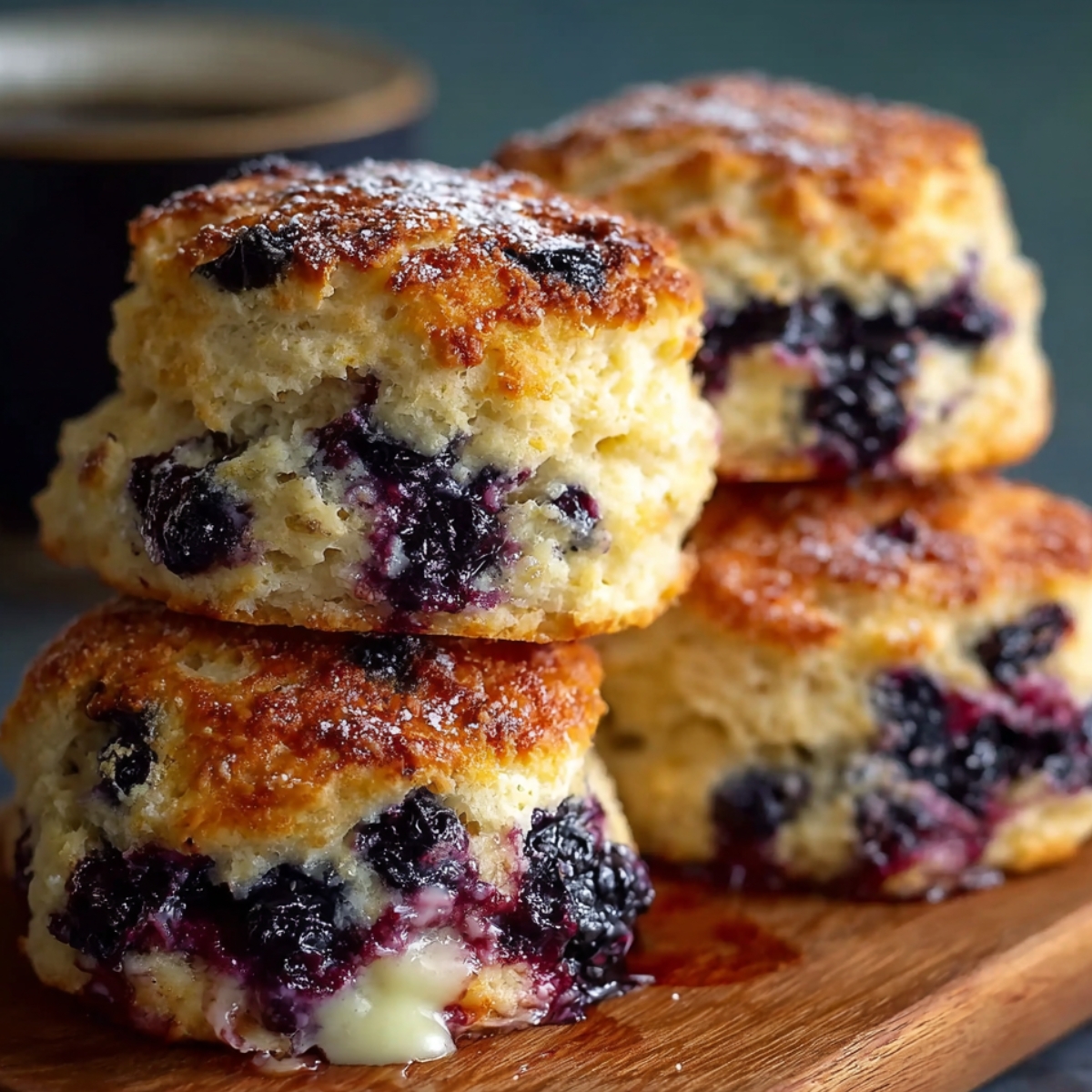 Freshly baked blueberry biscuits stacked on a wooden board, with blueberry filling oozing out and dusted with powdered sugar. A cup of coffee is visible in the background.