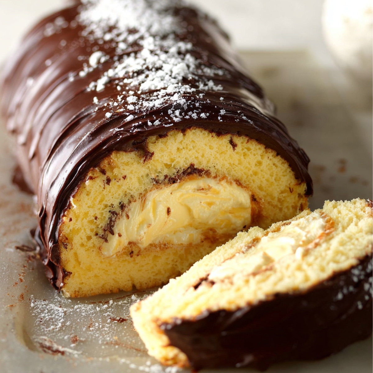 Homemade Boston cream roll cake with soft yellow sponge, creamy vanilla filling, and glossy chocolate ganache, dusted with powdered sugar on top.