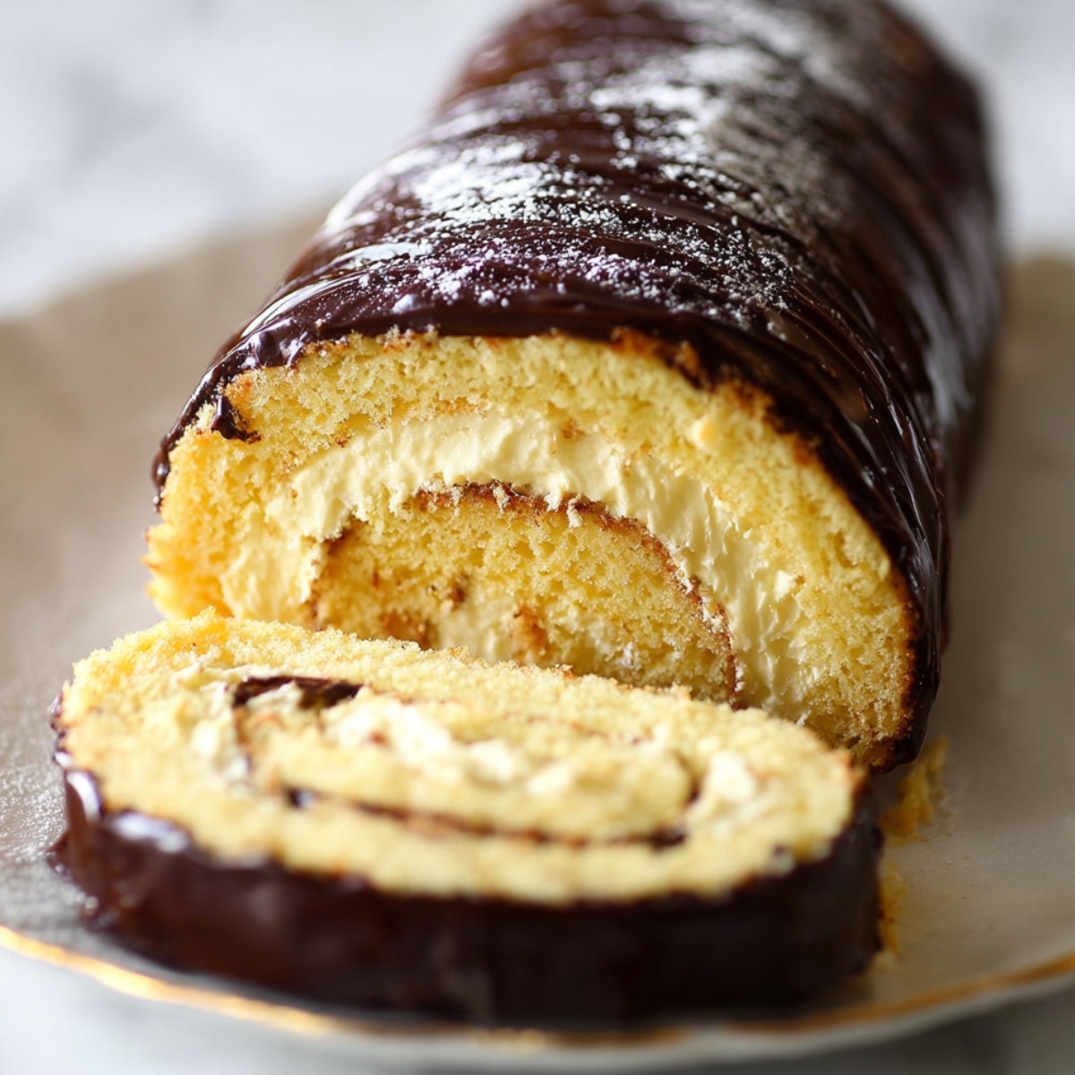 Boston cream roll cake with golden sponge, creamy vanilla filling, glossy chocolate ganache, and a dusting of powdered sugar on top.