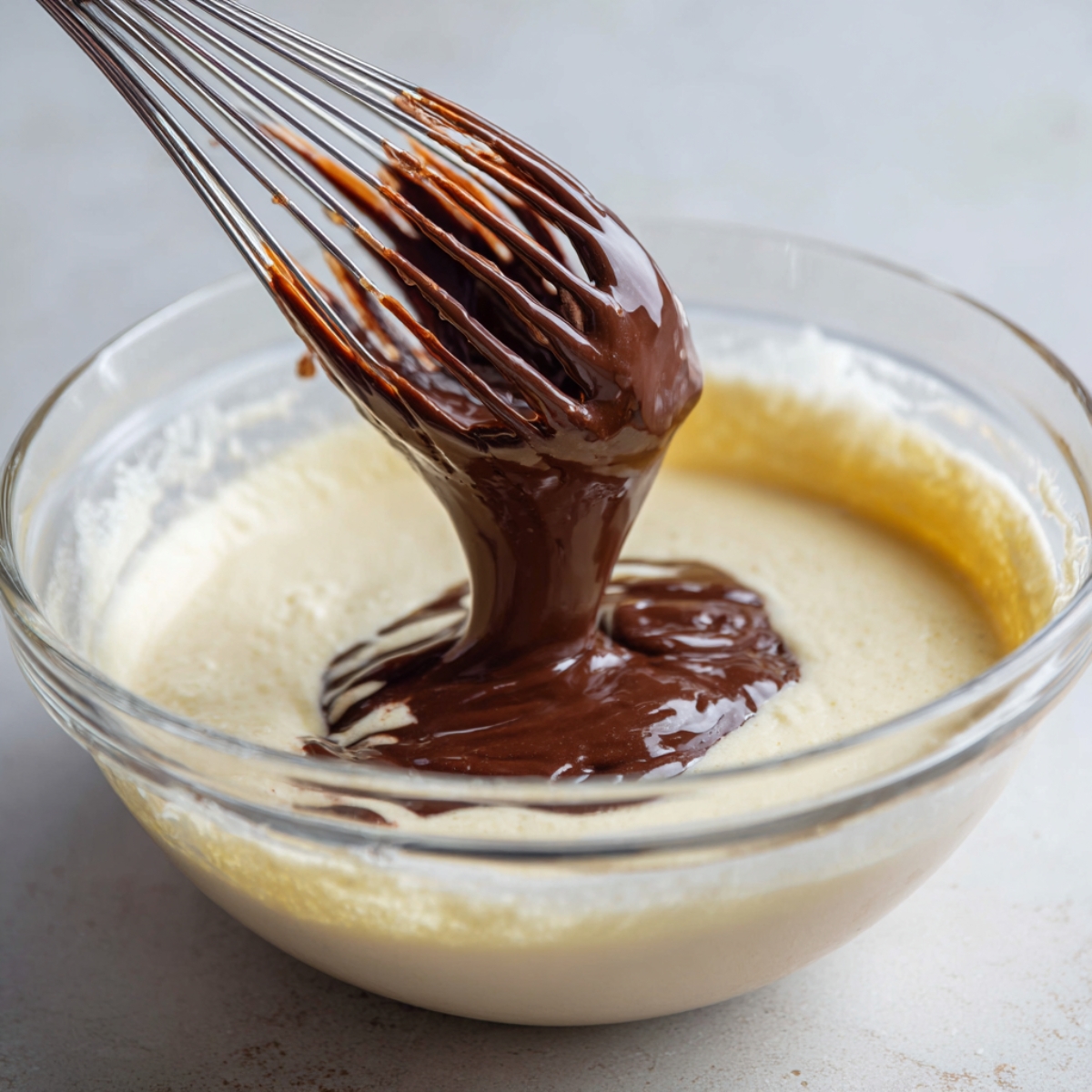 Close-up of a whisk stirring melted dark chocolate into a creamy, pale batter in a glass mixing bowl. The chocolate is thick and glossy, gently merging with the smooth dough, creating a rich, inviting mixture for homemade brownie cookies.