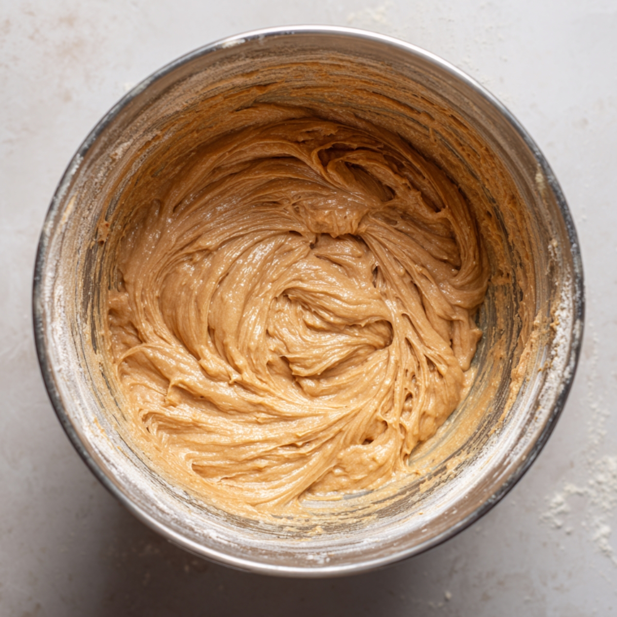 Mixing bowl with creamy light-brown batter swirled smoothly inside. Stainless steel bowl on a countertop with visible texture. Soft, natural light highlighting the whipped consistency.