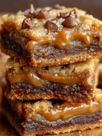 Close-up of stacked butterscotch toffee cookie bars showing gooey caramel layers, golden-brown chewy centers, and melted butterscotch chips on top - a rich, homemade dessert with a soft, buttery texture.