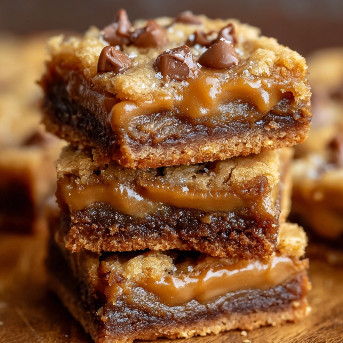Close-up of stacked butterscotch toffee cookie bars showing gooey caramel layers, golden-brown chewy centers, and melted butterscotch chips on top — a rich, homemade dessert with a soft, buttery texture.