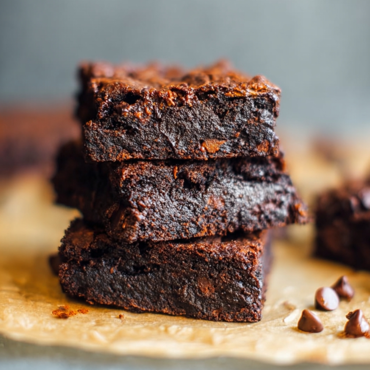 Stack of rich, fudgy chickpea brownies on parchment paper with a few chocolate chips scattered nearby. The brownies look dense, moist, and freshly baked with a slightly glossy top and soft crumb texture.