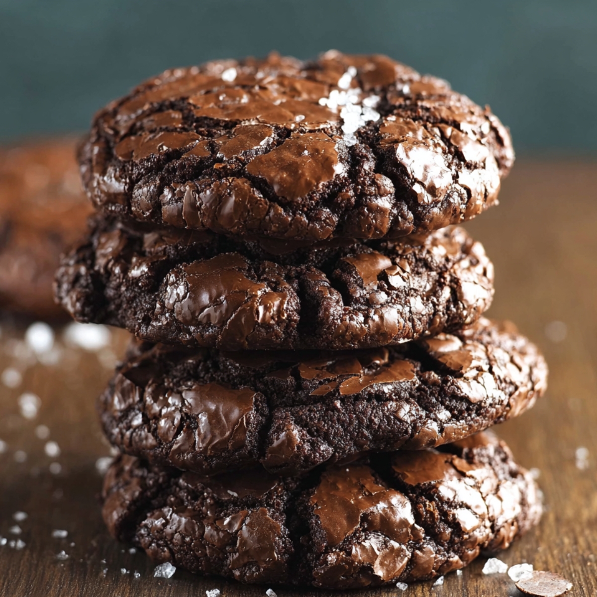 Chocolate Brownie Cookies with cracked, glossy tops, set against a teal background, capturing a homemade feel.