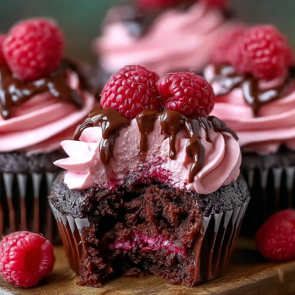 Chocolate Raspberry Cupcakes topped with pink raspberry buttercream, fresh raspberries, and a drizzle of melted chocolate, with a bite taken out to show the moist chocolate cake and raspberry filling inside.